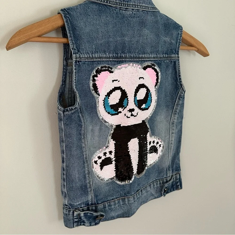 Sequin Panda Denim Vest Girls Size Small